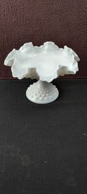Vintage 1950s Fenton Hobnail Milk Glass Ruffled Edge Pedestal Compote