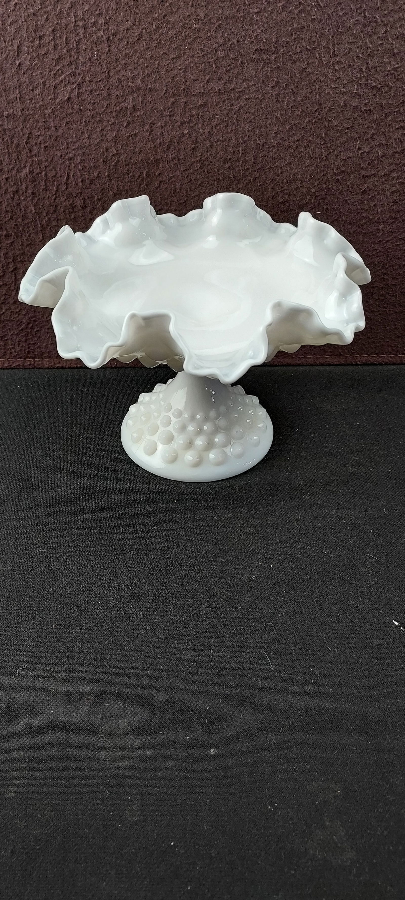 Vintage 1950s Fenton Hobnail Milk Glass Ruffled Edge Pedestal Compote (1 of 5)