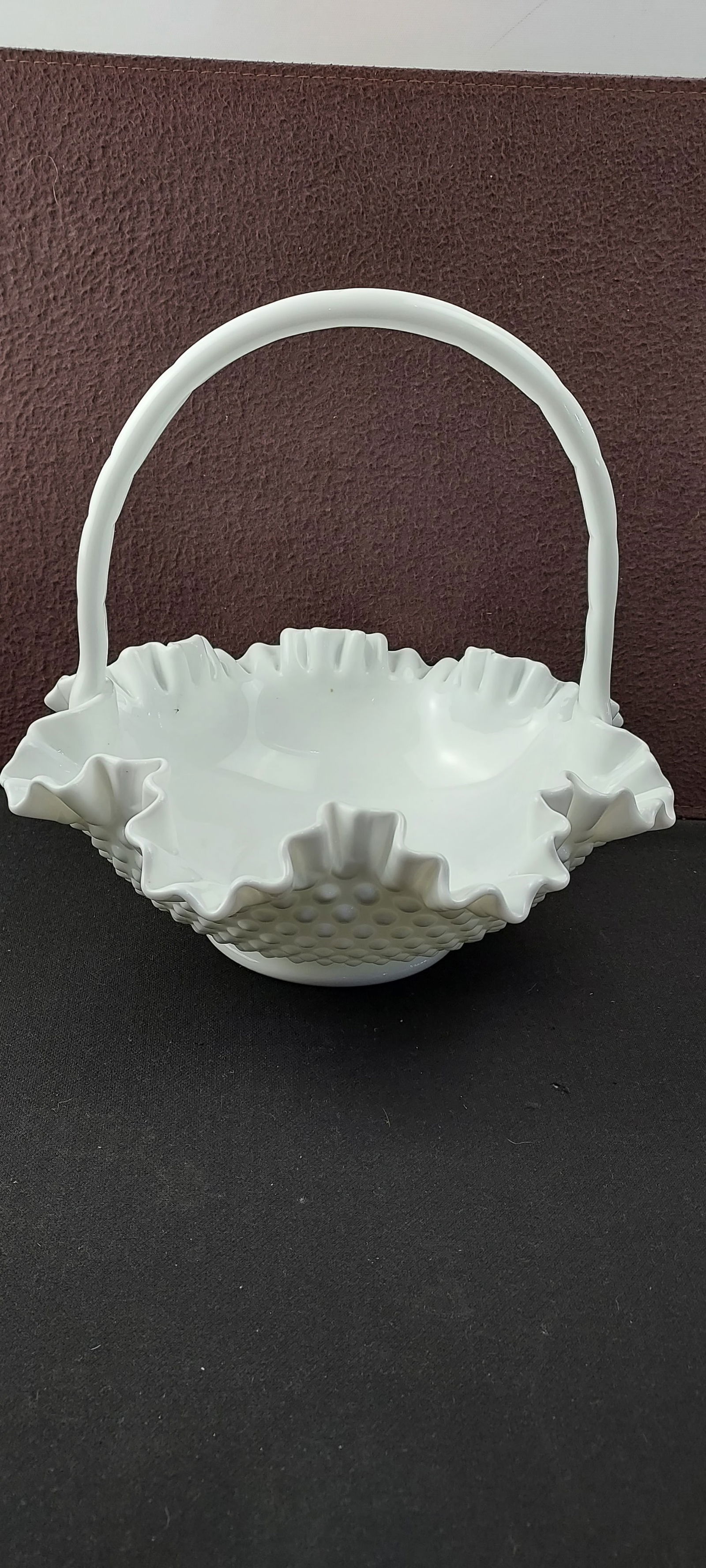 Vintage Fenton Large Hobnail Milk Glass Ruffled Handled Basket (1 of 8)