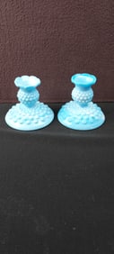 Pair of Fenton Blue Opalescent Hobnail Candlestick Holders