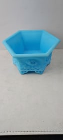 Vintage Fenton Art Glass Blue Satin Hexagon Footed Planter Bowl, Chrysanthemum Pattern