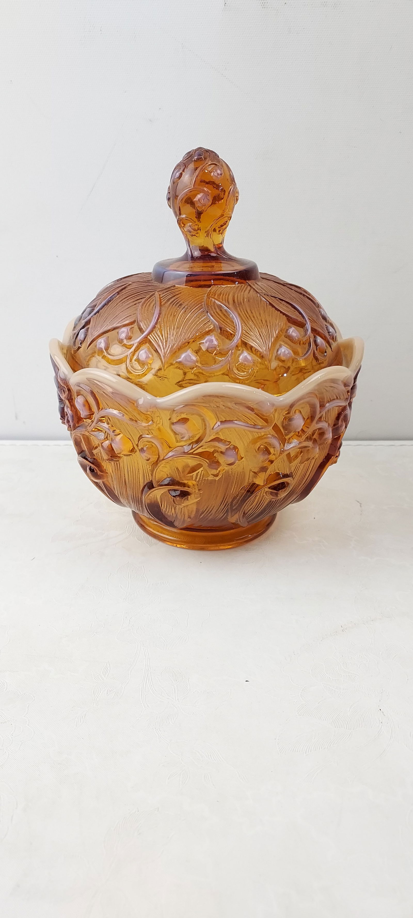 Anchor Hocking Amber Lily of the Valley Cameo Opalescent Lidded Candy Dish (1 of 8)