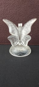 Vintage Frosted Clear Glass Butterfly Figurine on Floral Base, Signed
