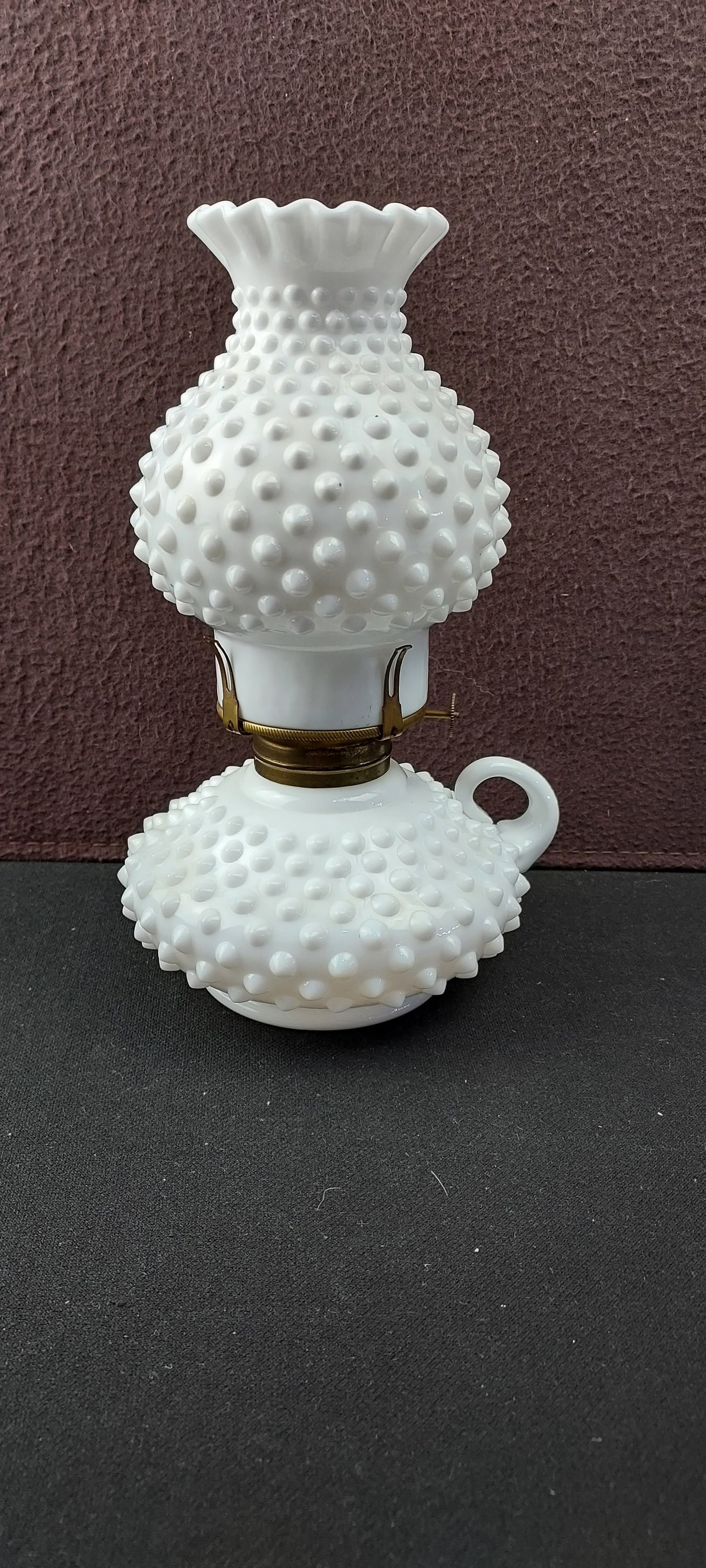Vintage Fenton White Milk Glass Hobnail Finger Courting Oil Lamp: A Vintage Fenton White Milk Glass Hobnail Finger Courting Oil Lamp, likely model #3792. This item is a loose, complete table oil lamp constructed of opaque white milk glass, featuring a distinctive al