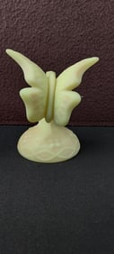 Fenton Uranium Custard Satin Glass Butterfly on Stand