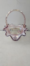 Fenton Iridescent Ribbon Candy Edge Basket, Hand-Painted Floral, Signed Bill Fenton & George Fenton