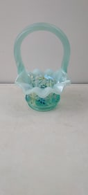 Fenton Art Glass Blueish-green Opalescent Hand-Painted Ruffled Basket, Signed S. Shepard