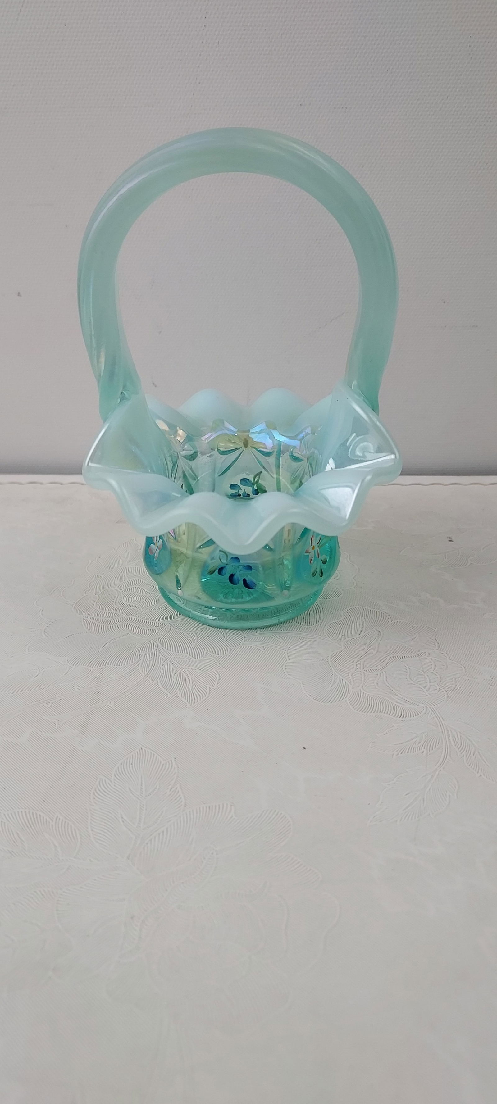 Fenton Art Glass Blueish-green Opalescent Hand-Painted Ruffled Basket, Signed S. Shepard (1 of 6)