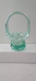 Vintage Fenton Teal Green Iridescent Art Glass Miniature Basket