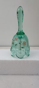 Fenton Green Art Glass Hand-Painted Floral & Bows Bell Signed by Artist