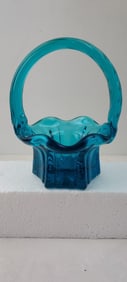 Vintage Fenton Art Glass Teal Twisted Handle Mini Basket