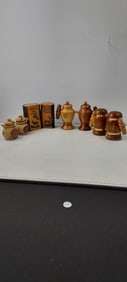 A Lot of Vintage Wooden Coffee Pot, Urn, and Beer Mug Style Salt & Pepper Shakers with Rustic