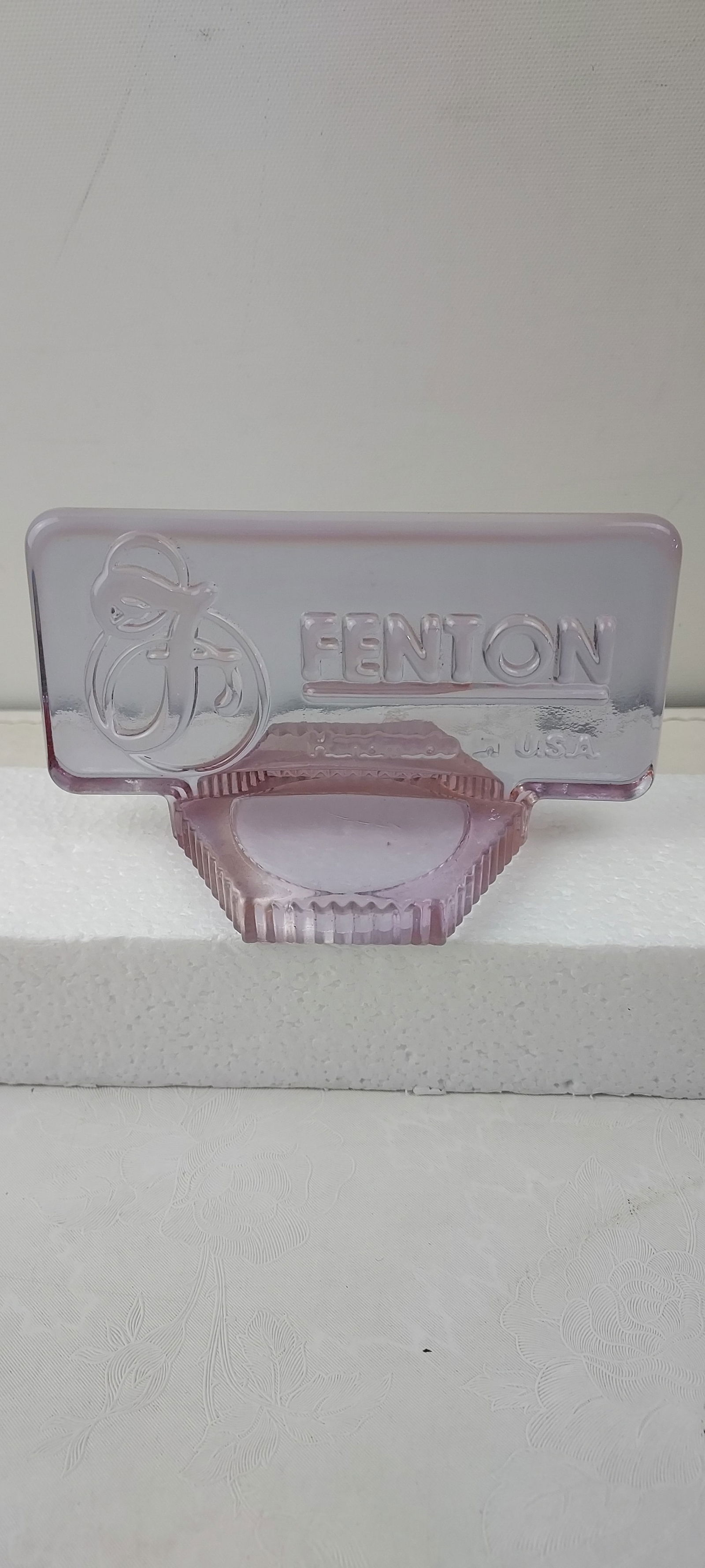 Fenton Art Glass French Opalescent Logo Dealer Sign #9799: This lot features an authentic Fenton Art Glass dealer sign, identified as model #9799, crafted in their distinctive French Opalescent glass. The piece is designed for upright display, consisting of a