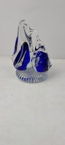 Art Glass Clear and Cobalt Blue Mother & Baby Penguins Sculpture Paperweight
