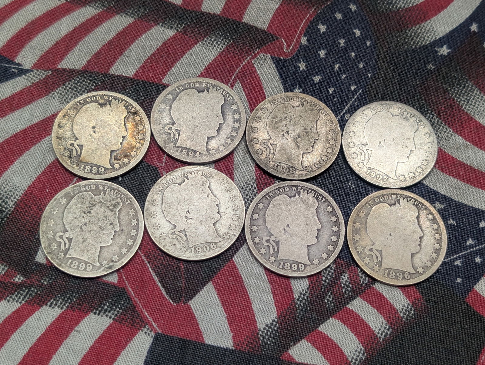 8 Well Circulated Barber Quarters, 1906, 1907-D, 1908-D, 1894, 1896,  1898, (2) 1899,