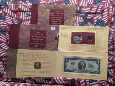 Thomas Jefferson Coinage and currency Set W/ 1976 Two Dollar Note, 1993-P 90% Silver Dollar & 1994-P