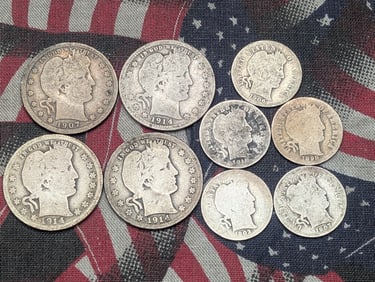 9 Barber Coins- ( 4) Quarters 1907, 1914-p & (2) 1914-D's -( 5) Barber Dimes1898, 1903, 1906, 1907,