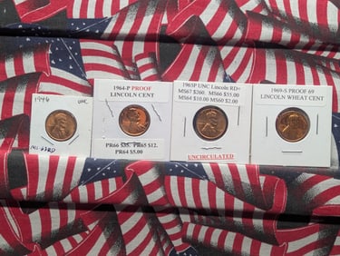 1946 Lincoln Wheat Cent & 1964, 1965, & 1969-S Lincoln Memorial Cents
