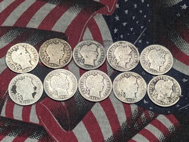 10 Barber Dimes- (2) 1902, 1905,  1911 P&D, 1913, 1914, 1915, (2) 1916 Last Year