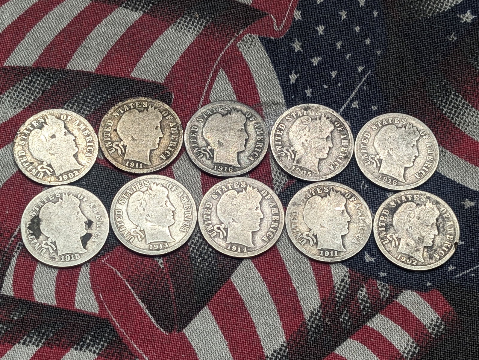 10 Barber Dimes- (2) 1902, 1905,  1911 P&D, 1913, 1914, 1915, (2) 1916 Last Year (1 of 4)