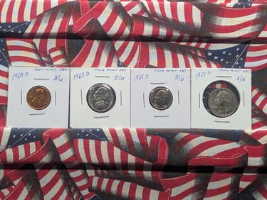 1969-D Lincoln Memorial Cent, 1969-D Jefferson Nickel, 1969-D Roosevelt Dime, & 1969-D Washington