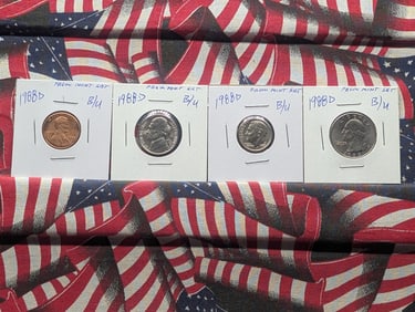 1988-D Lincoln Memorial Cent, 1988-D Jefferson Nickel, 1988-D Roosevelt Dime, & 1988-D Washington