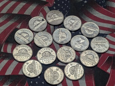 (8) 1961, (1) 1962, (2) 1963, (3) 1964, (2) 1965 Canadian Nickels (16 coins Total)