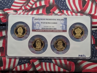 2008-S Proof Presidential Dollars Set Graded PF 69 UC By NGC - Features James Monroe, John Quincy