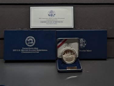 2002-W U.S. Military Academy Bicentennial Commemorative Proof Silver Dollar, 90% Silver In OGP With