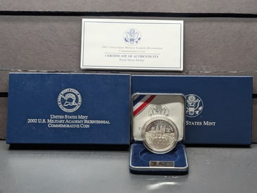 2002-W U.S. Military Academy Bicentennial Commemorative Proof Silver Dollar, 90% Silver In OGP With