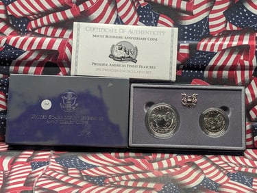 1991 Mt. Rushmore 2 coin Commemorative set, "90% Silver"P" Dollar" & Cald "D" Half Dollar