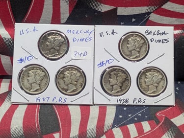1937 P,D,S & 1938 P,D,S Silver Mercury Dimes - Complete Year Sets!