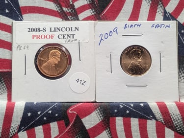 2008-S Proof Lincoln Memorial Cent & 2009-P Satin Finish Lincoln Birth Site Cent