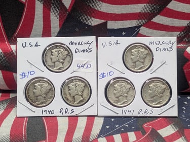 1940 P,D,S & 1941 P,D,S Silver Mercury Dimes - Complete Year Sets!