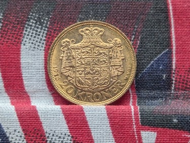 1913 (Gold .900 Fine, AGW .2593 Oz), Denmark 20 Kroner, UNC