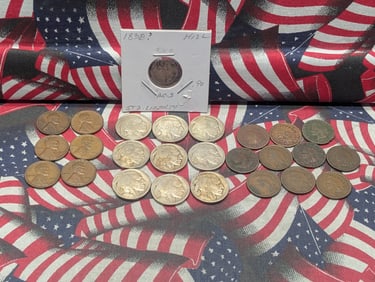 Lot of Nine (9) Buffalo Nickels, 1838 Seated Liberty Half Dime, (10) Indian Head Cents, (8) Lincoln