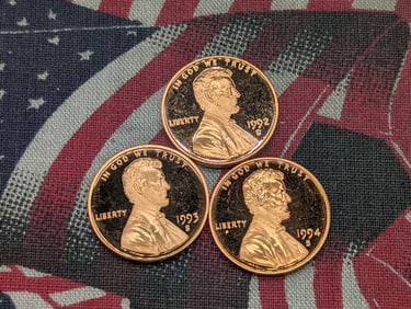 1992-S, 1993-S, 1994-S "Proof" Lincoln Memorial Cents