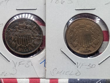 Lot of Two (2) Shield 2 Cent Coins (1864, 1865)