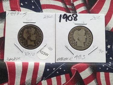 Lot of Two (2) Barber Quarters (1898-S, 1908)