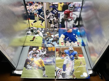 Lot of (8) Football Autographed Photographs - No COAs - Amani Toomer, Brandon Jacobs, Jim Fassel