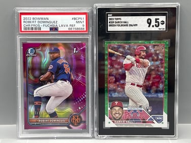 2022 Bowman Chrome Robert Dominguez 1st Bowman Fuchsia Lava Ref. #/199 PSA Mint 9 & 2023 Topps