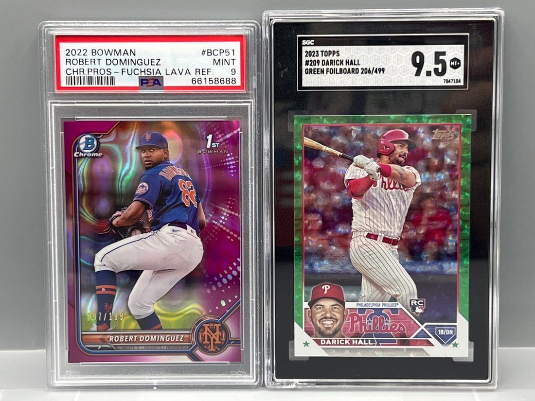 2022 Bowman Chrome Robert Dominguez 1st Bowman Fuchsia Lava Ref. #/199 PSA Mint 9 & 2023 Topps (1 of 2)