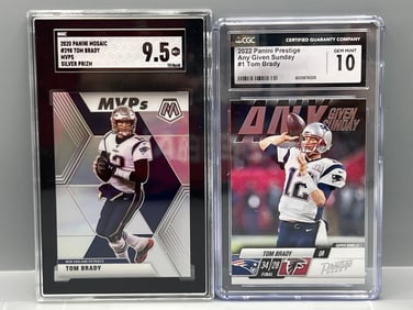 2020 Panini Mosaic Tom Brady MVP Silver Prizm #298 SGC Mint+ 9.5 & 2022 Panini Prestige Tom Brady