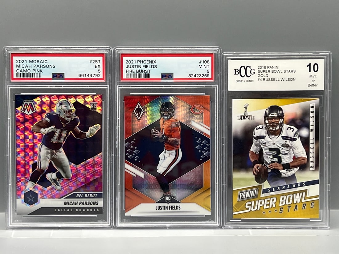 2021 Mosaic Micah Parsons Camo Pink RC #257 PSA EX 5, 2021 Phoenix Justin Fields Fire Burst RC #108 (1 of 2)