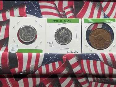 Argentina 1962 10 Pesos, 1943 Australia One Penny & 1990 Australia 10 Cents