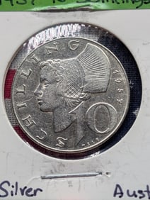 Austria 1957 10 Schillings, 64% Silver