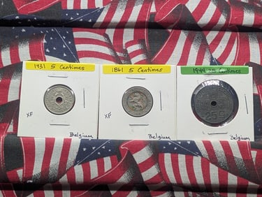 3 Belgium Coins 1861 & 1931 5 Centimes, & 1944 25 Centimes