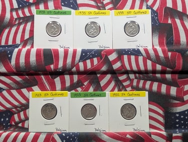 6 Belgium 50 Centimes Coins (1) 1922, (2) 1923 & (3) 1933