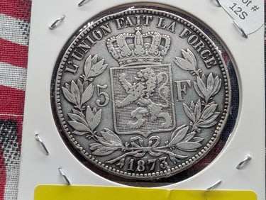 Belgium 1873 5 Francs, 90% Silver