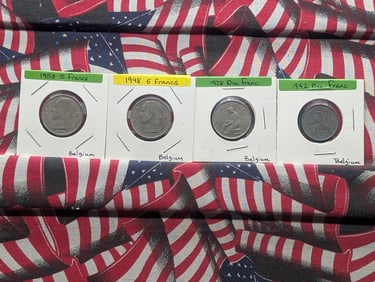 4 Belgium Francs - 1928 1 Franc, 1942 1 Franc, 1948 5 Francs, 1958 5 Francs